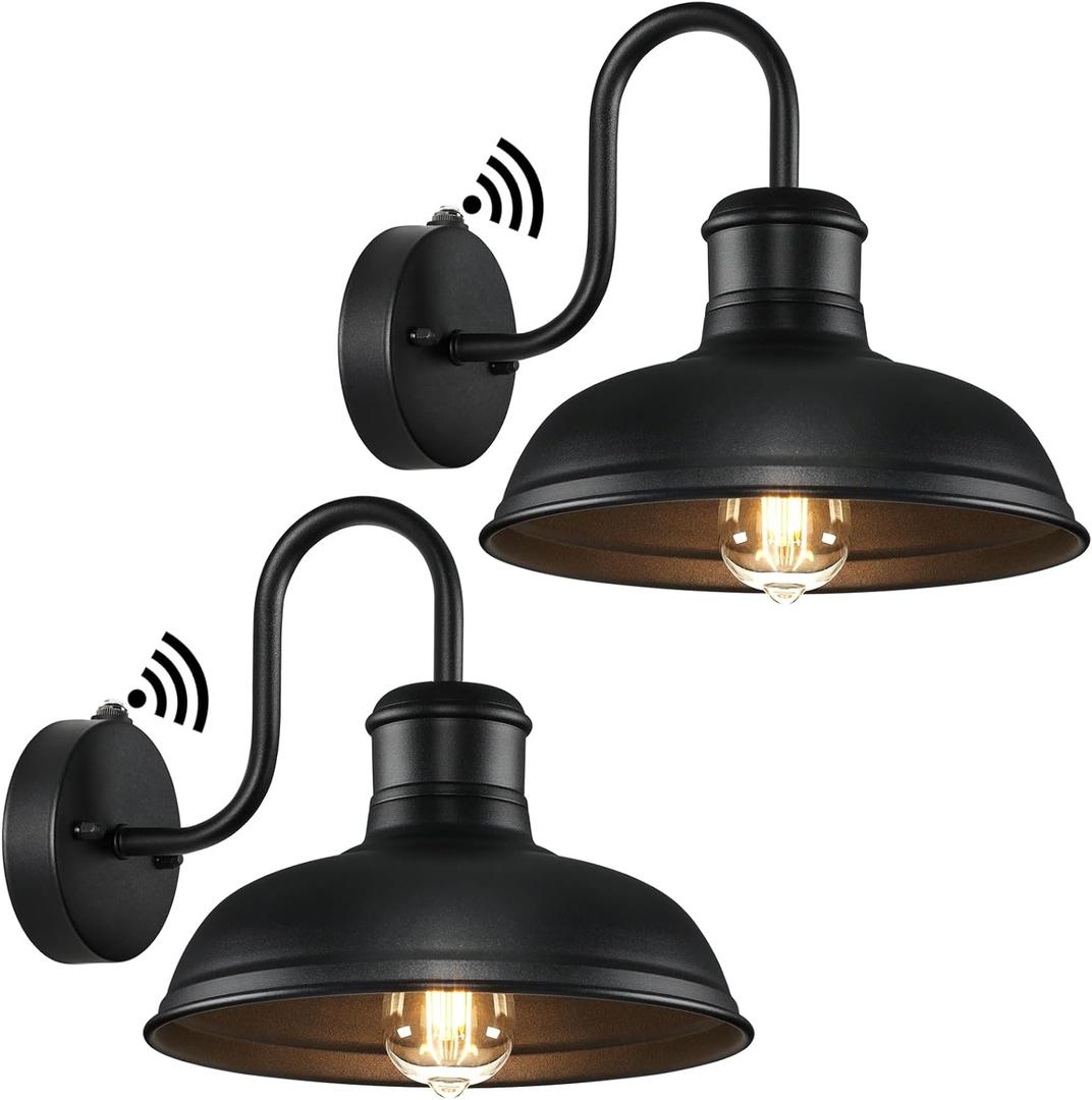 2-Pack Dusk to Dawn Outdoor Wall Sconces, Exterior Farmhouse Gooseneck Barn Light, Vintage Matte Black Outside Wall Mount Light Fixture, Anti-Rust Waterproof Outdoor Light for House Porch Garage (Black)
