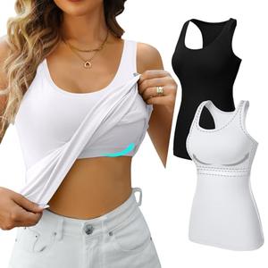 V FOR CITY Shelf Bra Tank Tops for Women Workout Yoga Cami Shirts Cotton Undershirt Pack of 2 Black/White M