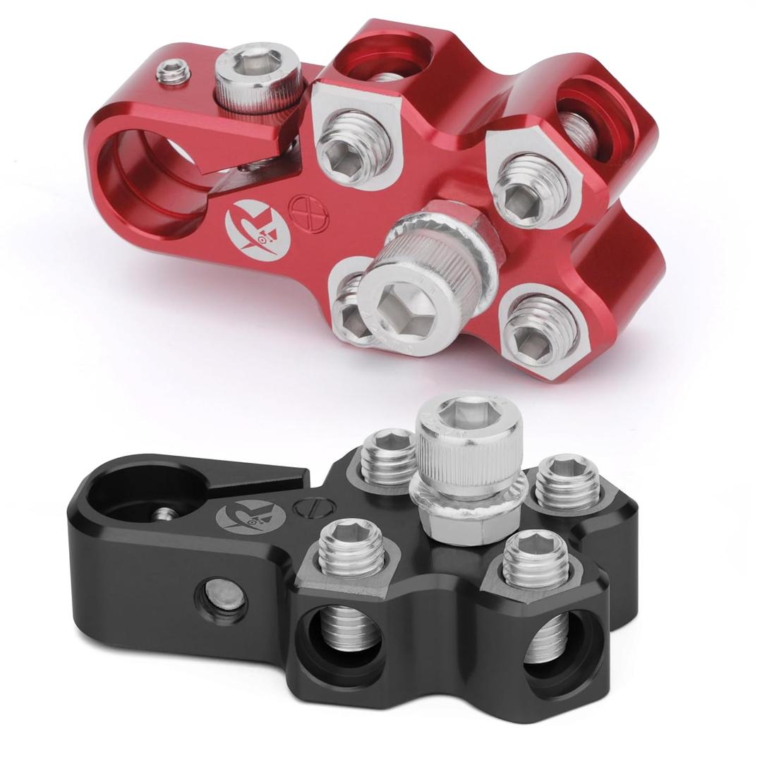 4-Way Lead Acid Battery Terminal Connector Clamps Battery Cable Ends for SAE/DIN/EN Tapered Top Post with 8AWG to 4/0 AWG, Positive & Negative Set, Battery Terminals with OEM Top Post