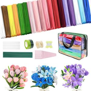 1000 PCS Pipe Cleaners Craft, Pipe Cleaners Flowers Kit with Handle, 18 Colors Chenille Stems with Instruction, DIY Pipe Cleaner for Home Arts and Crafts Decorations Supplies