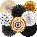 Black and Gold Decorations, Hanging Honeycomb Paper Pompoms Fan for Graduation Birthday Wedding Photo Backdrop Prom Night New Years Black and Gold Party Decorations, Set of 8