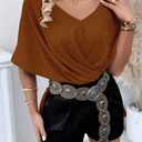 CHICME Womens Off The Shoulder Flowy Tops Casual Batwing Slit Sleeve Blouse Loose Shirt with Bandeau Top (Brown, L)