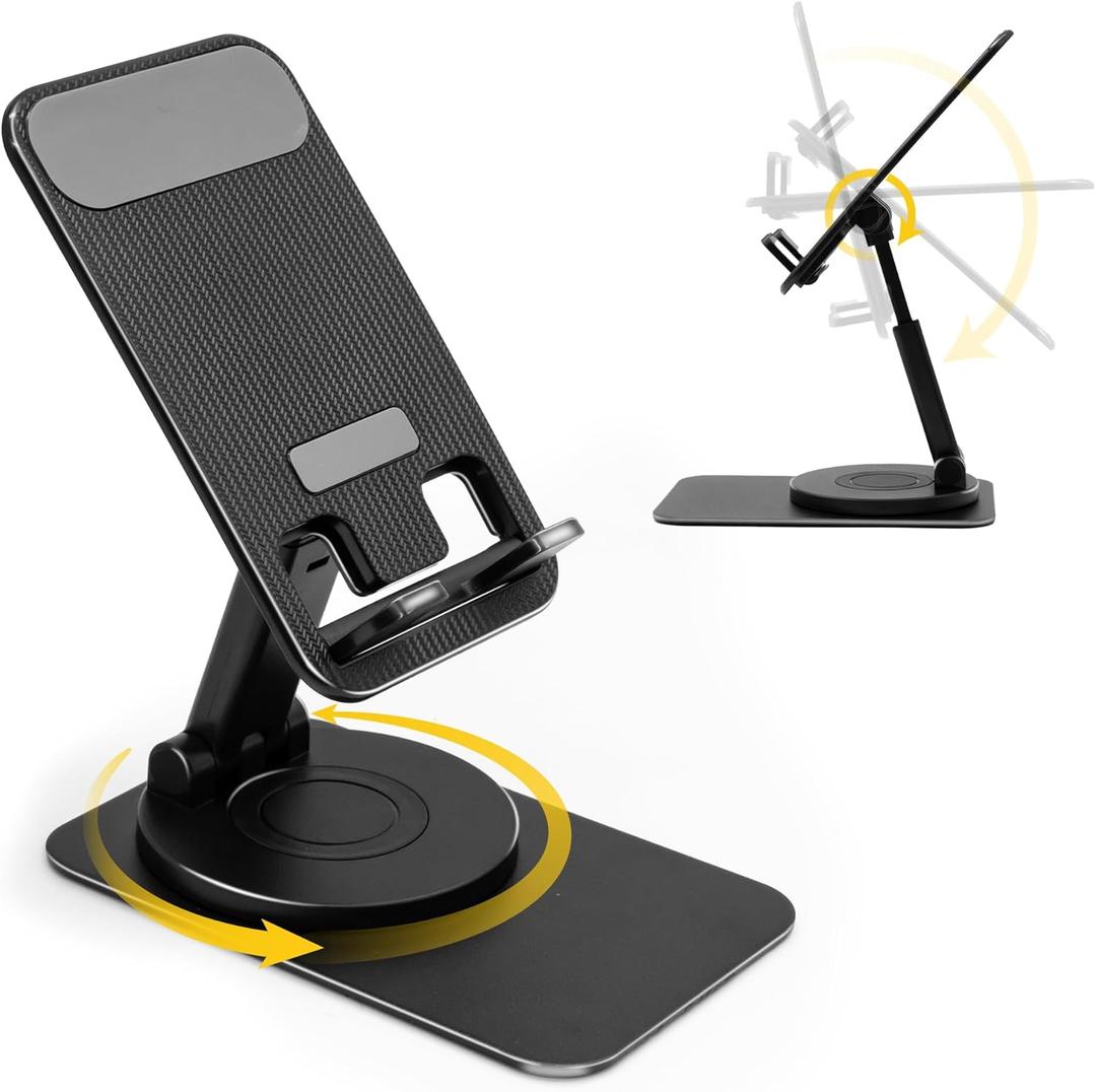 SenseAGE Rotatable Cell Phone Stand, Adjustable Folding Cell Phone Stand for Desk, Home Office Mobile Stand, Desktop Phone Holder, Compatible with iPhone&Smart Phones Accessories (Black)