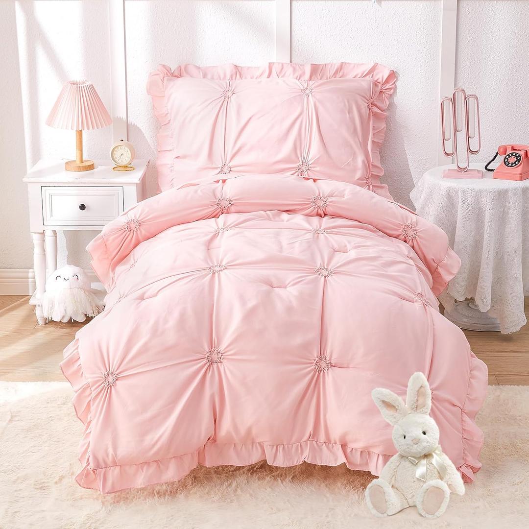 Princess Toddler Bedding Set for Girls, Boho Toddler Bed Set, 4 Pieces Ruffles Jacquard Embroidery Toddler Comforter with Comforter, Fitted Sheet, Flat Sheet and Pillowcase, Pink