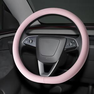 Microfiber Leather Universal 14.5-15 inch Steering Wheel Cover,Easy to Install Non-Slip Breathable Steering Wheel Protector Light Pink