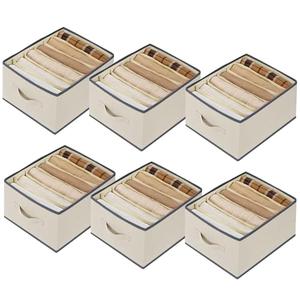 Baesyhom 6 Pcs Large Size Wardrobe Clothes Organizers 6 Grids for Pants, Jeans, Sweater, T-shirt, Thin Coat, Dress Stackable Closet Drawer Organizer Storage Bin Container with Sturdy Handles, Beige