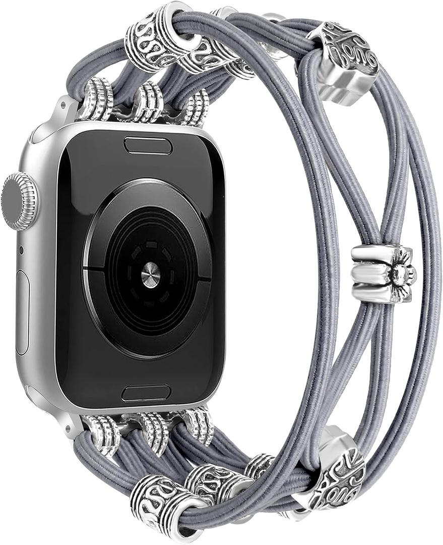 Beaded Bracelet Compatible with Apple Watch Band 41mm 38mm 44mm 42mm 45mm 46mm 49mm Women Boho Braided Solo Loop Nylon Stretchy Dressy Strap for iWatch Serie11/10/9/8/7/6/5/4 SE 3/2/1 Ultra