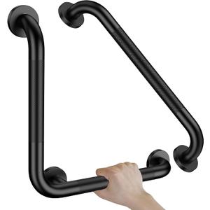 16 Inch L-Shaped Black Bathroom Grab Bars with 20 Inch Straight Munzong Toilet Handicap Grab Rail,Anti Slip Stainless Steel Knurled Safety Handle Support Elderly Injury Senior