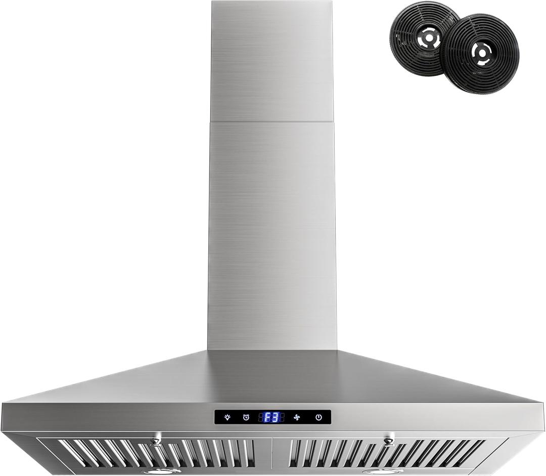 FIREGAS Range Hood 30 inch, Wall Mount Kitchen Hood in Stainless Steel With Ducted/Ductless Convertible, Stove Vent Hood with Permanent Filters, 3 Speed Exhaust Fan, LED Lights, Touch Control