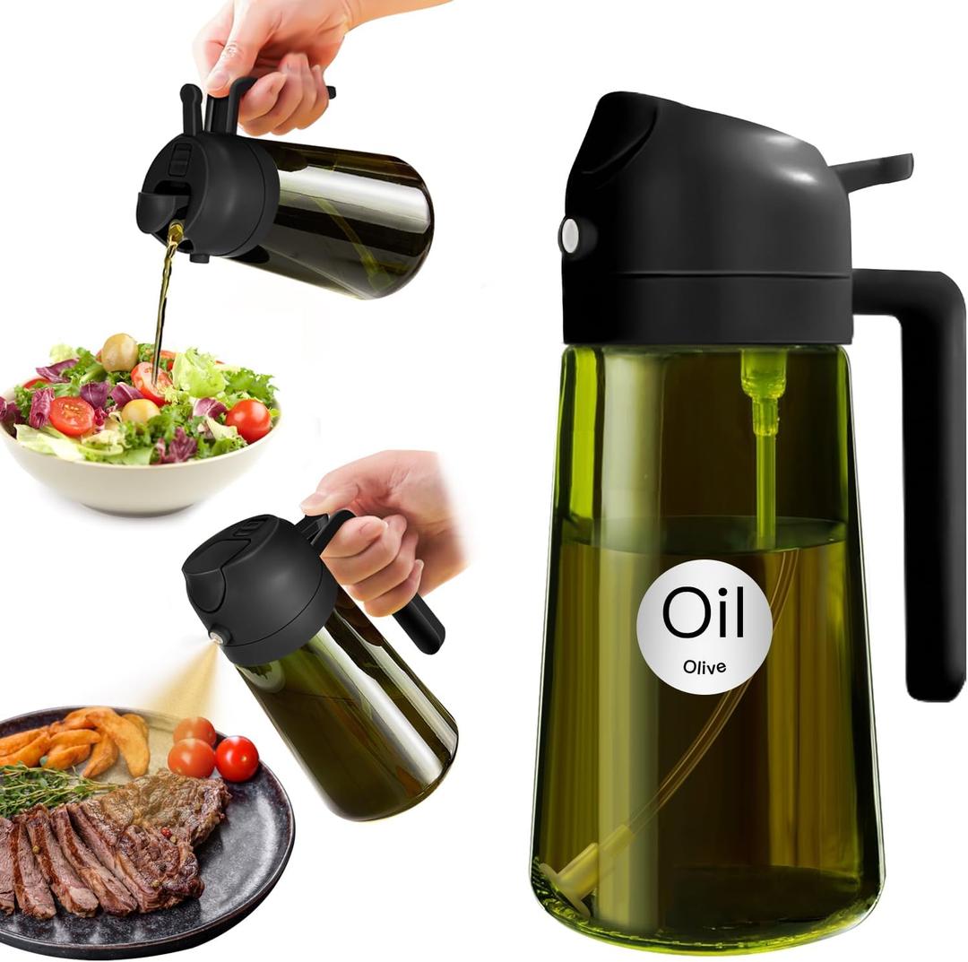 Light-Blocking Dark Oil Sprayer for Cooking, 2 in 1 Olive Oil Dispenser Bottle for Kitchen, Premium Dark Green Glass Oil Bottle, Food-Grade Oil Mister for Air Fryer, BBQ (White)