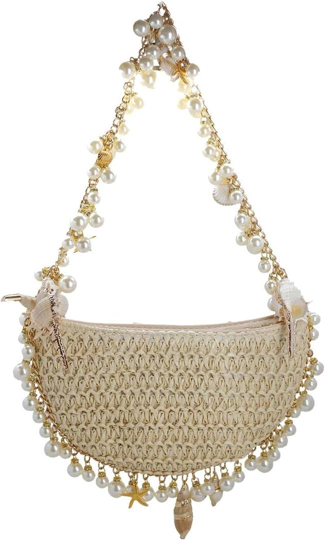 Women Pearl Straw Clutch Purse Woven Summer Beach Evening Bag Wedding Party Straw Shoulder Handbag (Beige)