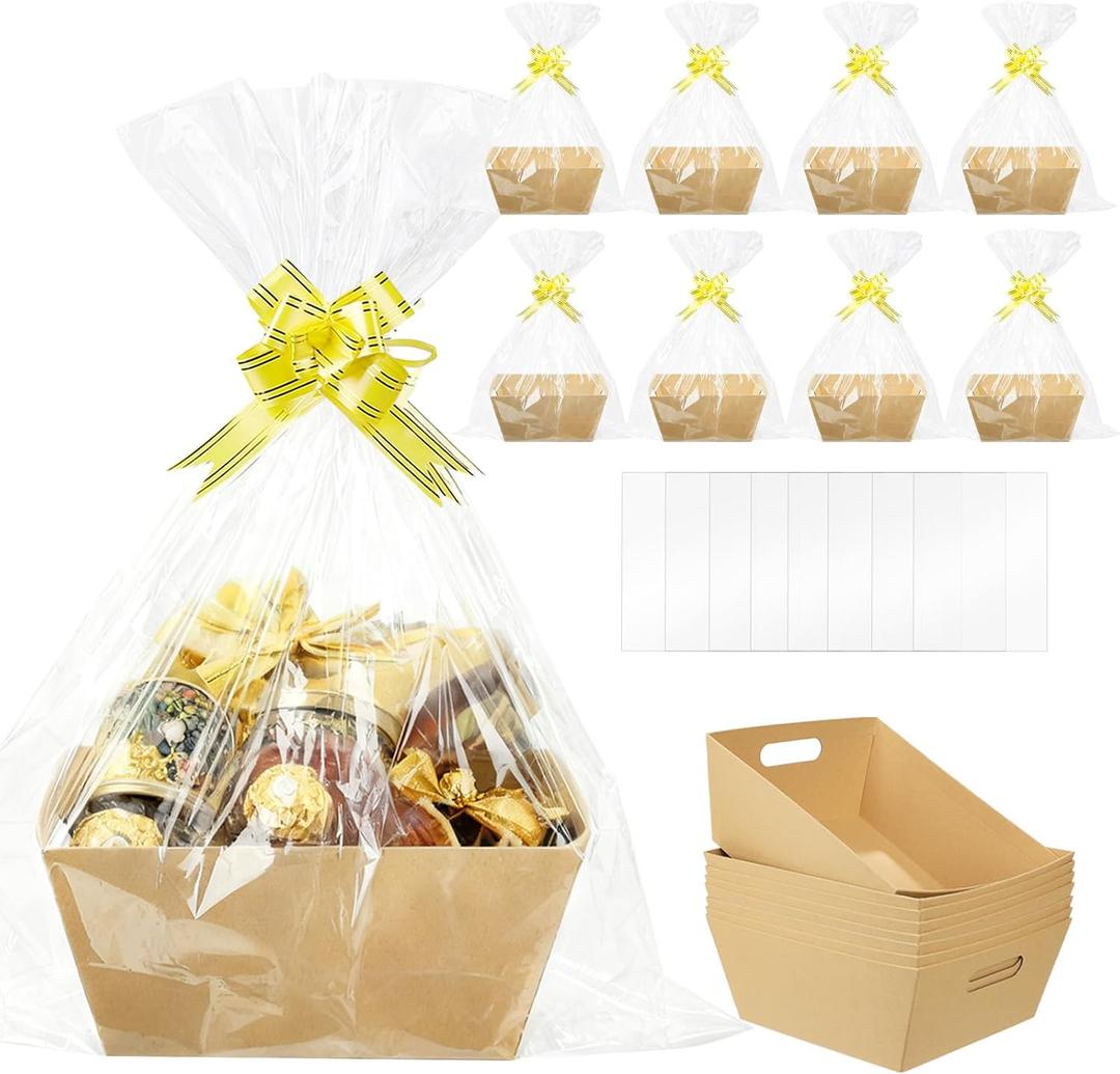 Ysglory 8Pcs Empty Gift Basket Set Thick Kraft Cardboard Basket to Fill with 8 Wrap Bags 8 Bows Large Gift Baskets Box for Christmas, Valentines Day, Birthday, Thanksgiving, Wedding