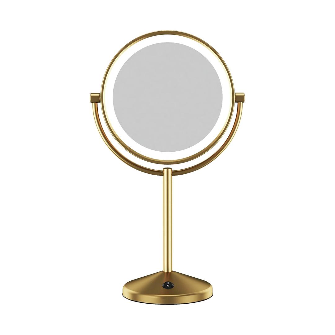 Conair Lighted Makeup Mirror, LED Vanity Mirror, 1X/10X Magnifying Mirror, Double Sided, Battery Operated in Brushed Brass