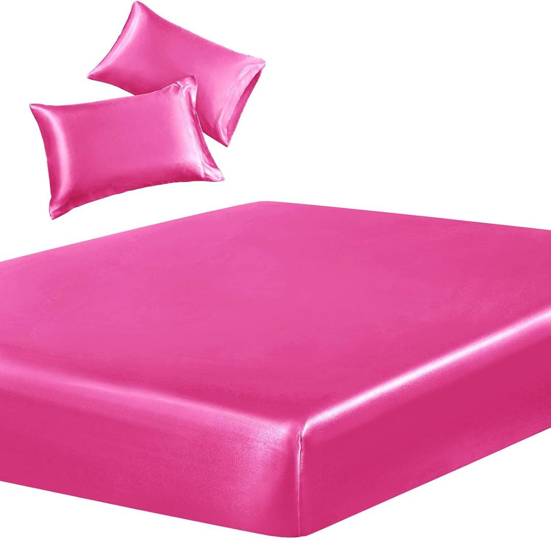 SiinvdaBZX 3-Piece Set Satin Twin Fitted Sheet & 2 Pillowcase, Hot Pink Silky Soft Fitted Bottom Sheet, Wrinkle Free, Fade Resistant, Deep Pocket Bed Sheet (Deep Up to 15")