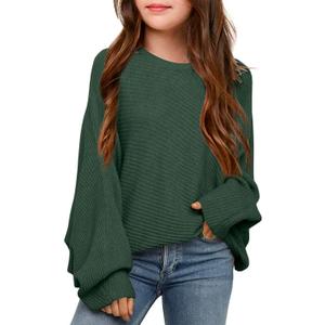 Mafulus Girl's Oversized Crewneck Fall Sweaters Kids Batwing Long Sleeve Slouchy Chunky Cute Pullover Jumper Shirts 5-14T (9-10 Years, Green)