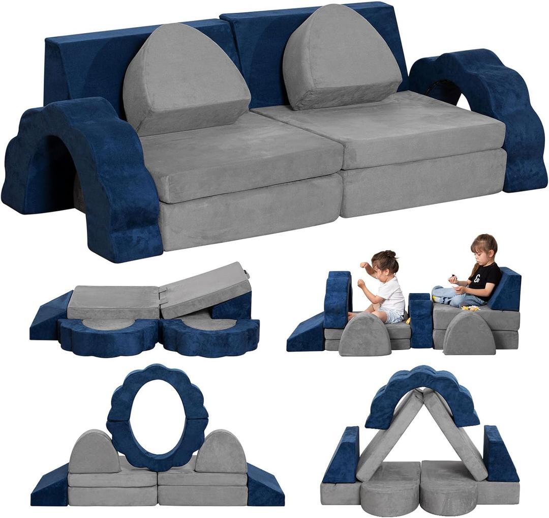Kids Couch 10PCS, Modular Kids Play Couch, Multifunctional Foam Toddler Sofa, Imaginative Convertible Play Sofa for Playroom (Grey & Blue)