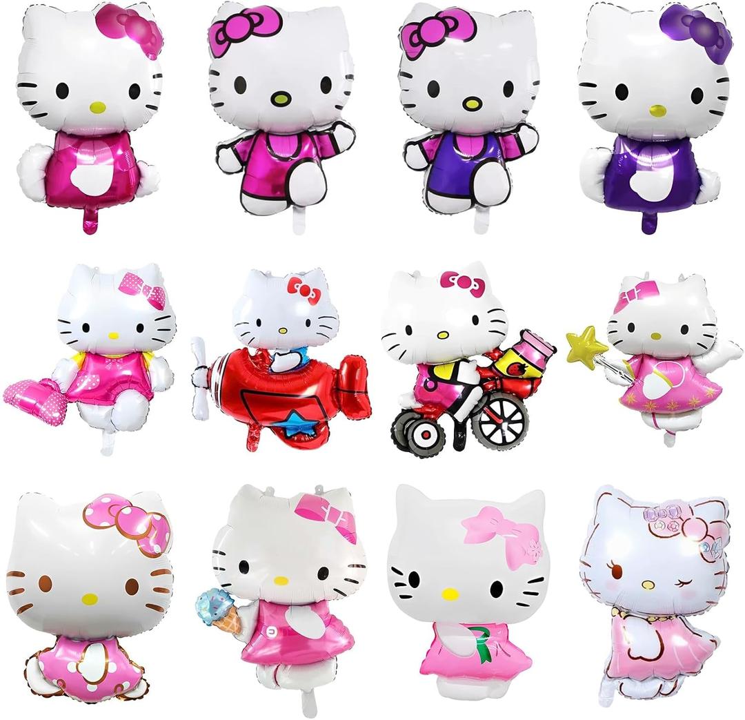 12Pcs Kitty Foil Balloons for Kitty Birthday Party Girls Birthday Party Balloons, Baby Shower Birthday Party Decorations