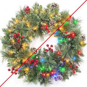 Christmas Wreaths for Front Door, 20 Inch Lighted Christmas Wreaths with Timer 8 Modes 30 Warm White&Multicolored Dual Color Lights 8 Snowy Pinecones 40 Red Berries for Indoor Outdoor Wall Home Decor