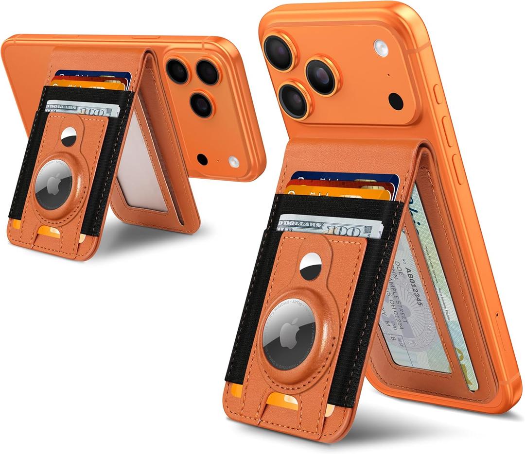 ExtreLife For Magsafe Wallet Stand with Airtag Holder, Strongest Magnetic Wallet for iPhone 17/16/15/14/13/12 Series, ID Window, 4 Card Slots, 10 Cards Holder, Vegan Leather, RFID Blocking, Orange