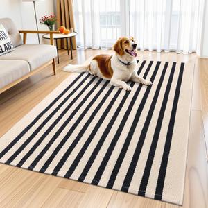 OLANLY Beige and Black Striped Rug 4' x 6' Washable Cotton Doormat for Indoor Outdoor Use, Layered Front Porch Rug for Entryway, Kitchen, Patio