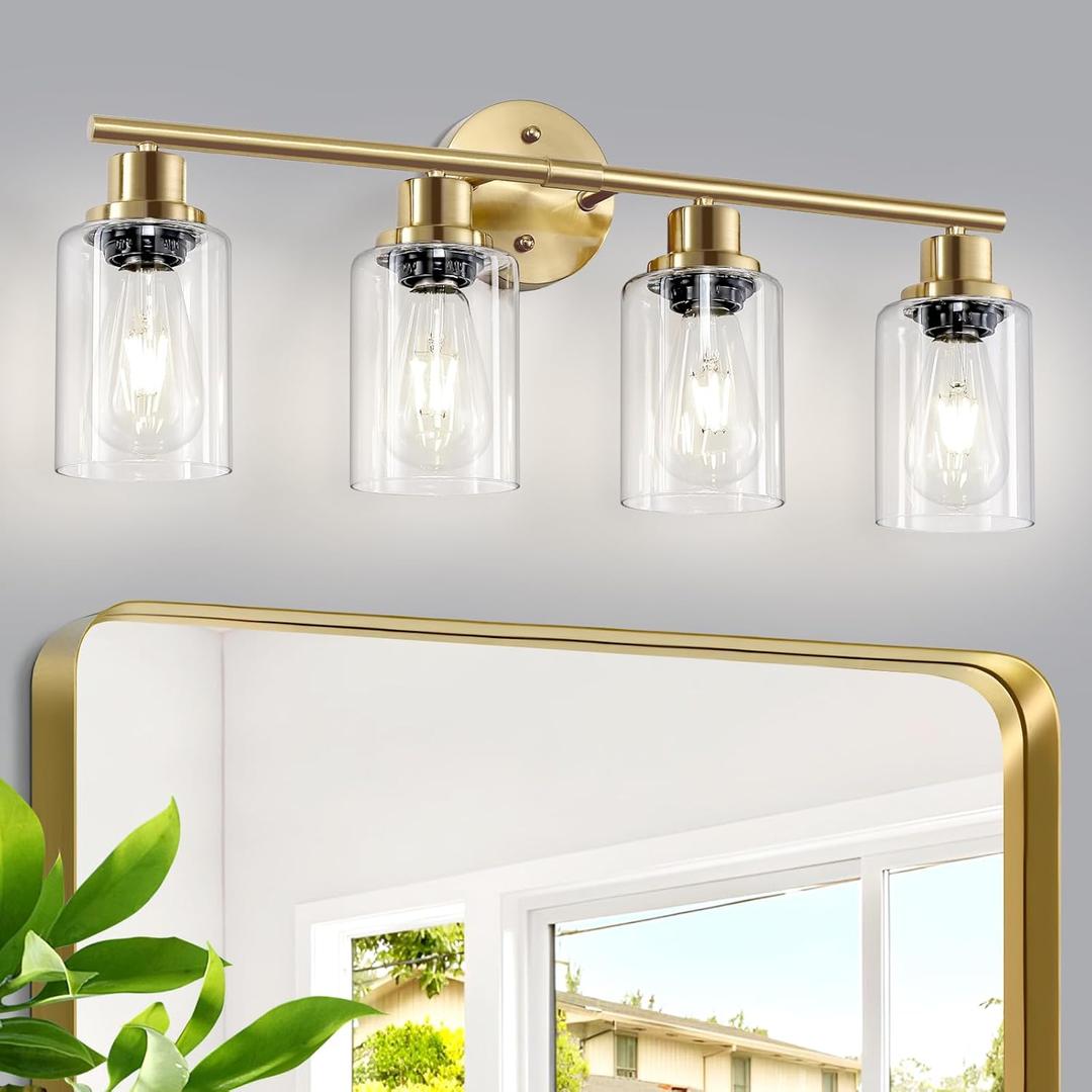 4-Light Gold Bathroom Light Fixtures, E26 Modern Vanity Lights for Bathroom with Clear Glass Shade, Wall Lamps for Mirror Hallway Kitchen Cabinet Living Room Sconces Lights