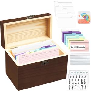 Solid Wood 4x6 Index Card Organizer with 5 Dividers | Rolodex & Recipe Box Storage | Holds 200+ Cards for Home/Kitchen