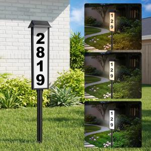 Brightever Solar Address Sign, House Number for Outside Waterproof, 3-Color LED Illuminated Address Plaque with Stake, Solar Powered Light Up Address Numbers for Houses Yard, 1-Pack