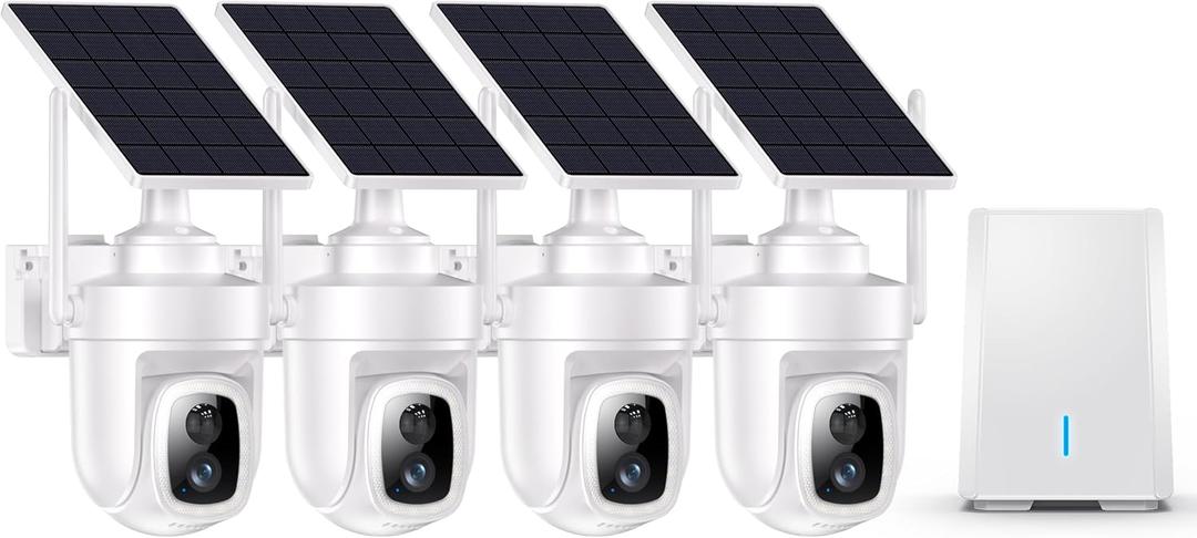 4K Solar Security Cameras Wireless Outdoor with Local Storage Base | No Subscription or Monthly Fees,360 Pan&Tilt with Automatic Tracking,5G&2.4G Router Compatible,4 Cam Kit for Home Security