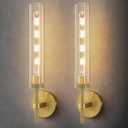 Brass Knurled Tube Wall Sconce - Set of 2 Luxury Modern Glass Sconces with Bulbs - Gold Dimmable Indoor Lighting - Vertical Mounted Light Fixture for Vanity Mirror Bathroom Bedroom Living Room Hallway