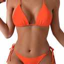 Tainehs Women's Sexy Halter Thong Bikini Tie Two Sides Bottom Triangle Bikini Swimsuits (Orange)