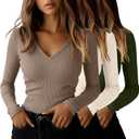 Ficerd 3 Pack Women's Long Sleeve T Shirts Cotton V Neck Slim Fit Tops Ribbed Knit Layering Casual Basic Tees 2025 Fall (Army Green, Light Beige, Light Khaki)