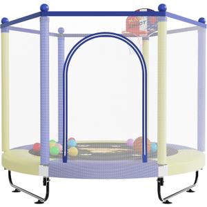 60" Trampoline for Kids, 5 FT Indoor & Outdoor Toddler Baby Trampoline with Basketball Hoop, Safety Enclosure, Birthday Gifts for Kids, Gifts for Boy and Girl, Age 3-8 (Yellow/Blue)