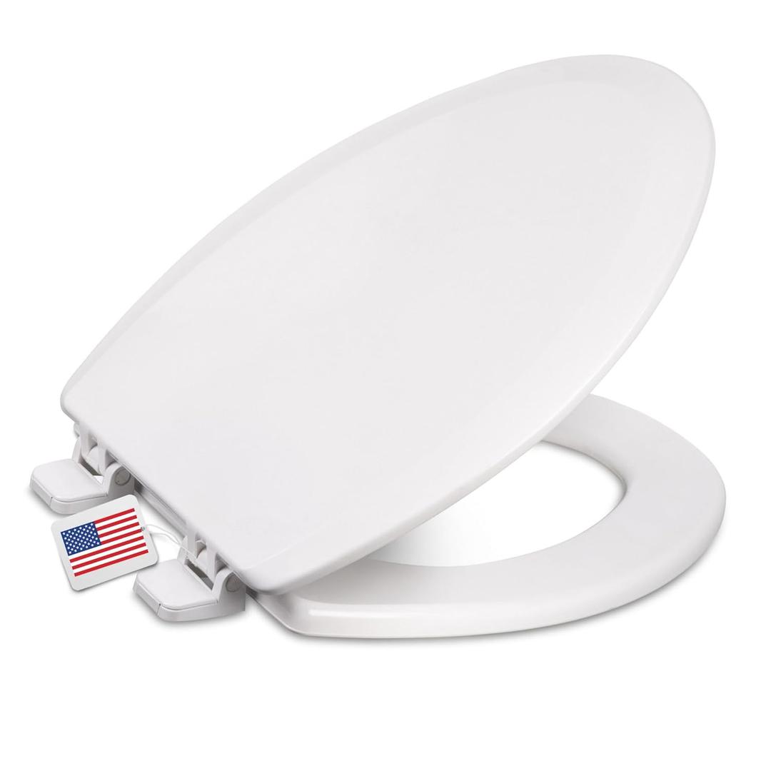 Centoco Elongated Toilet Seat, Heavy-Duty Wood Core with Plastic Scratch-Resistant Finish, Residential, Made in the USA, DSAMAZ9-301, Crane White (Cotton/Bright)