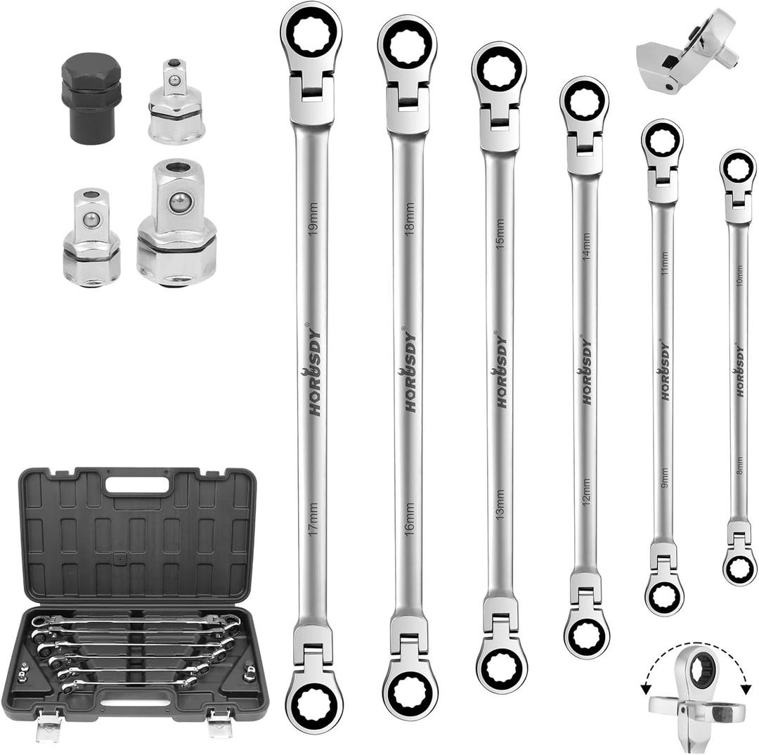 HORUSDY 10-Piece Extra Long Flex-Head Ratcheting Wrench Set - Chrome Vanadium Steel With Metric 8mm - 19mm, With 1/ 4", 3/ 8", 1/ 2" Socket Drive Adapter
