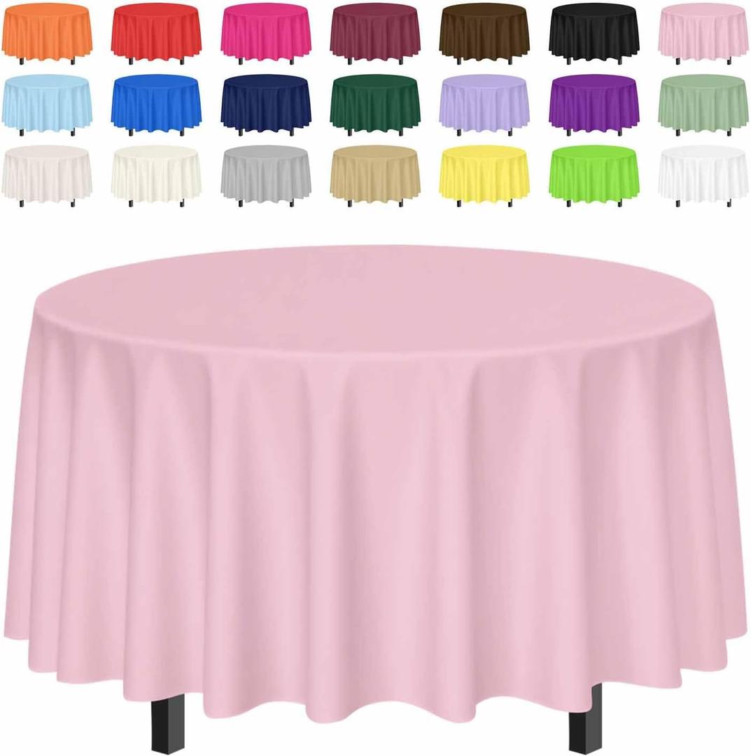 SietDESEO 2 Pack Light Pink Tablecloth Round 84 x 84 Plastic Table Cover Waterproof Pink Table Cloth Disposable for Wedding Birthday Baby Shower Party Picnic Circle Tablecloth