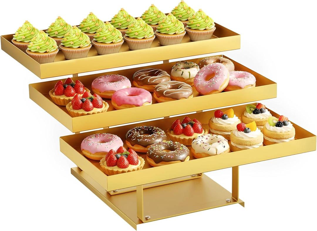 3 -Tier Metal Cupcakes Tray Display Stand for Gatherings, Parties,Holiday Dinners,14.5 Food Trays with Metal Risers for Desserts, Fruit & Appetizer (Gold, 3 Tier)