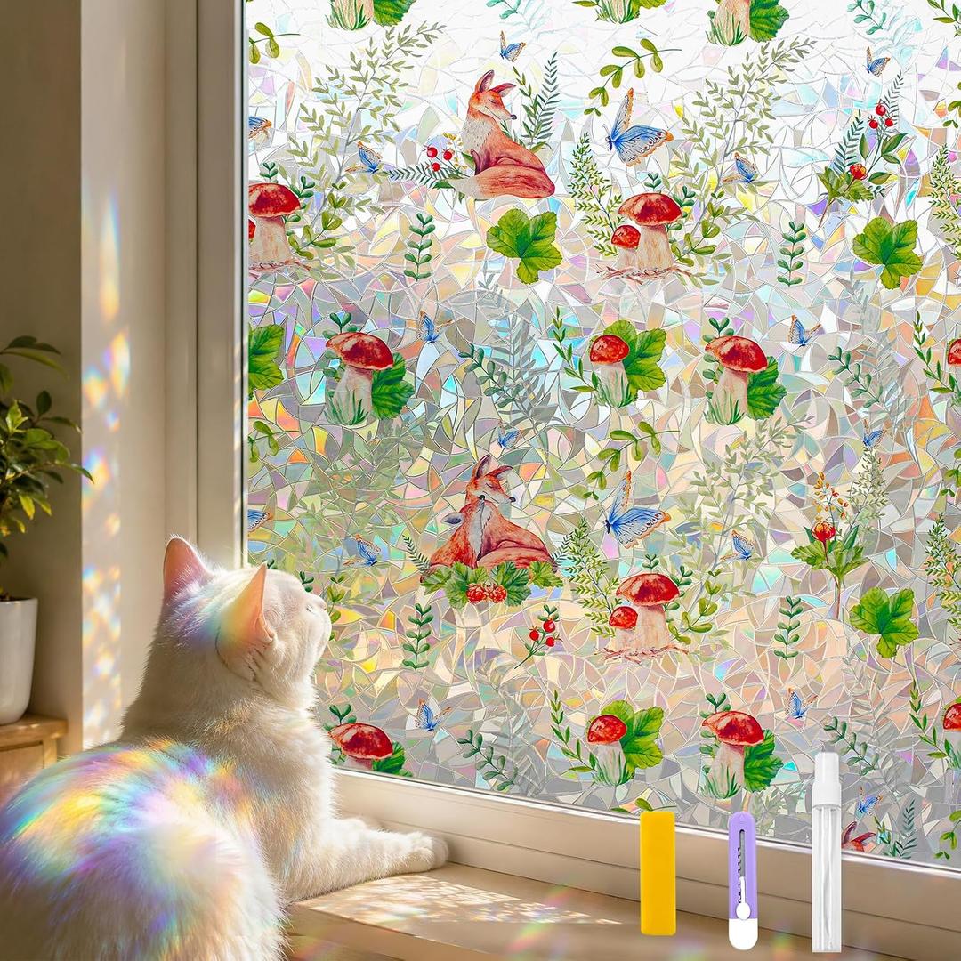 Countewol Privacy Window Films Stain Glass Cling No Glue Anti-UV Window Sticker for Bathroom Bedroom Living Room(Forest Rainbow 70.86" L*30.7" W)
