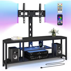 Corner TV Stand with Mount LED - Universal TV Mount Stand for 32-65" TV, Height Adjustable Swivel TV Console Wood & Steel Entertainment Center with Mount, Cabinet, Power Outlet, Colorful Light, Black