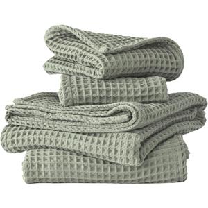 4-Piece Waffle Towels Set for Bathroom - Soft 100% Turkish Cotton Quick-Dry Lint-Free Waffle Weave Thin Bath and Hand Towels (Sage, 2 Bath & 2 Hand Towel Set)