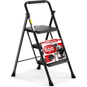 HBTower Step Ladder, Folding Step Stool with Wide Anti-Slip Pedal, Sturdy Steel Ladder, Convenient Handrail, Lightweight, Portable Steel Step Stool (Black)