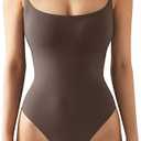 SUUKSESS Women Sexy Square Neck Thong Bodysuit Backless Cami Bodysuit Top (Brown, Medium)