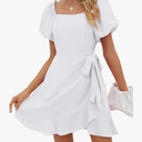 Sampeel Womens Summer Dresses Square Neck Puff Sleeve Tie Waist Short Dress, Small