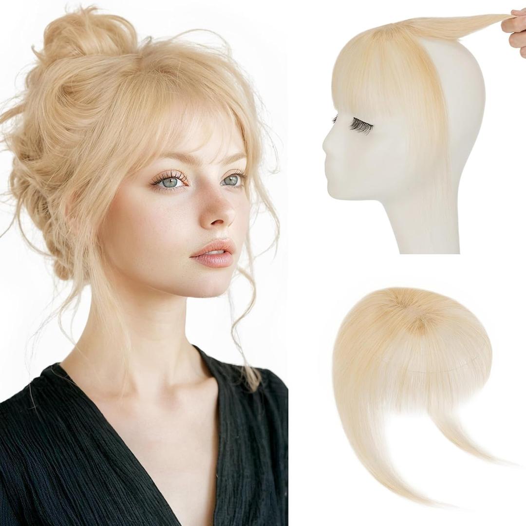 Hairro Clip On Bangs Human Hair Light Blonde Bangs Hair Clip In Bangs 3D Real Hair Topper With Bangs Wispy Air Bangs Hairpieces French Bangs 8 Inches 10g #613