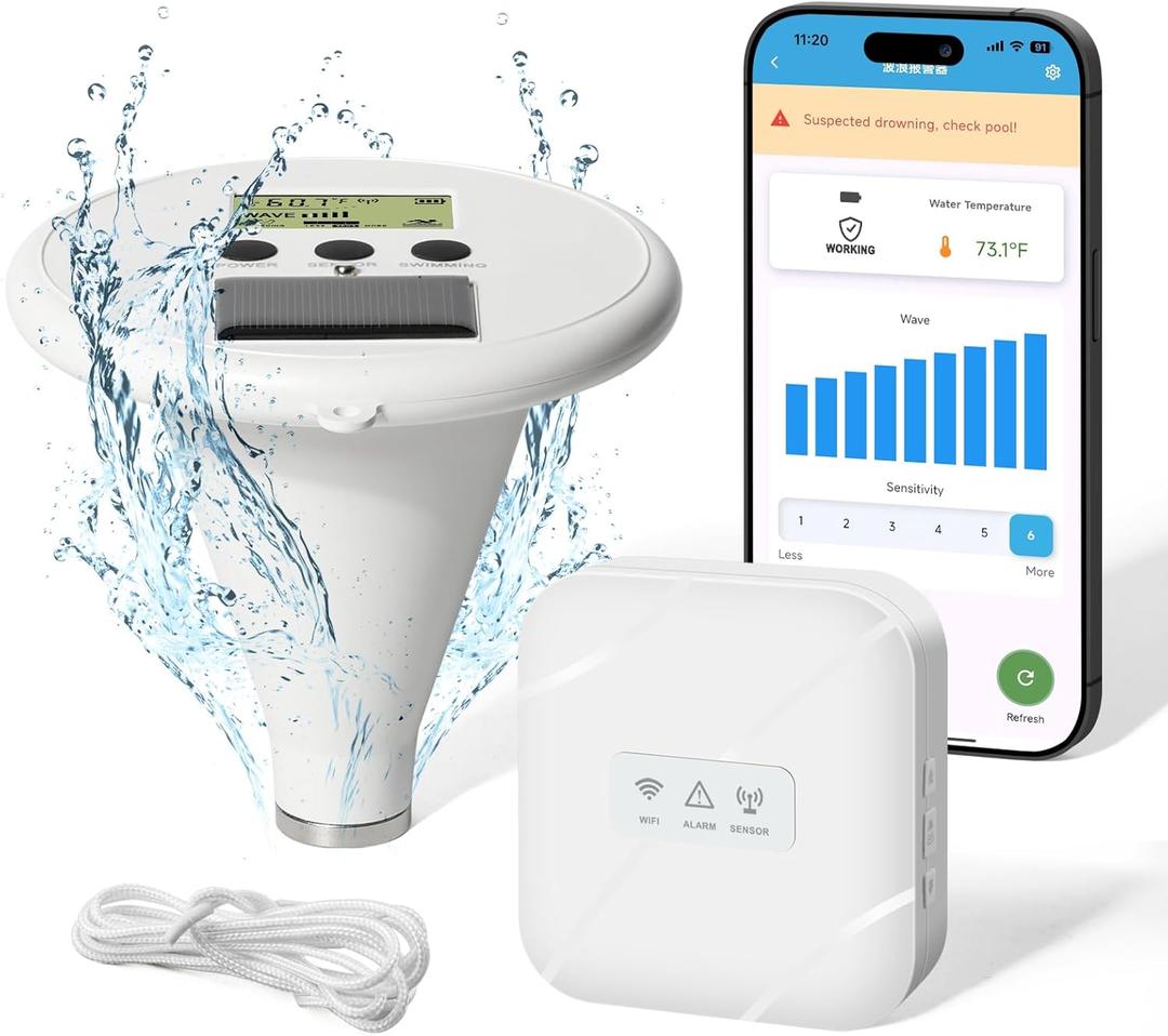 WiFi Pool Alarm, Zuomeng Solar Wave Pool Alarm with High Sensitivity, Smart App Control, Dual Alarming via Device & App, Offering Extra Protection for Your Kids and Pets