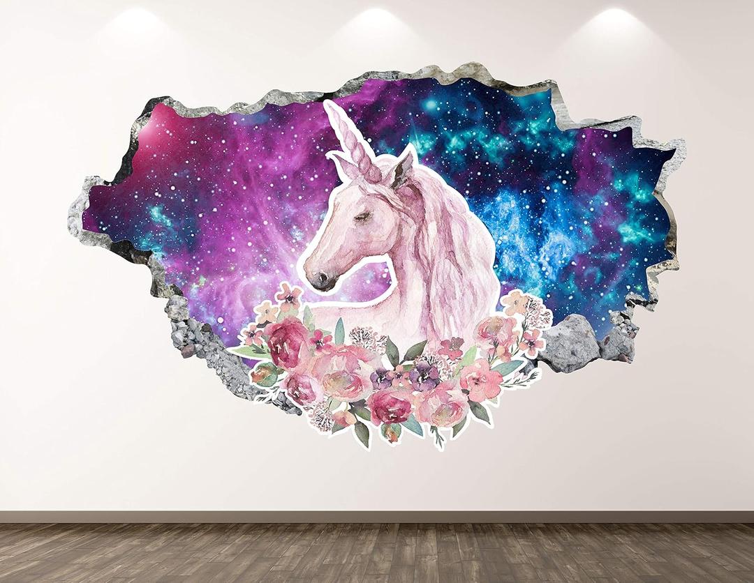 Unicorn Wall Decal Art Decor 3D Animal Sticker Mural Kids Room Vinyl Custom Gift BL48 (30"W x 18"H)