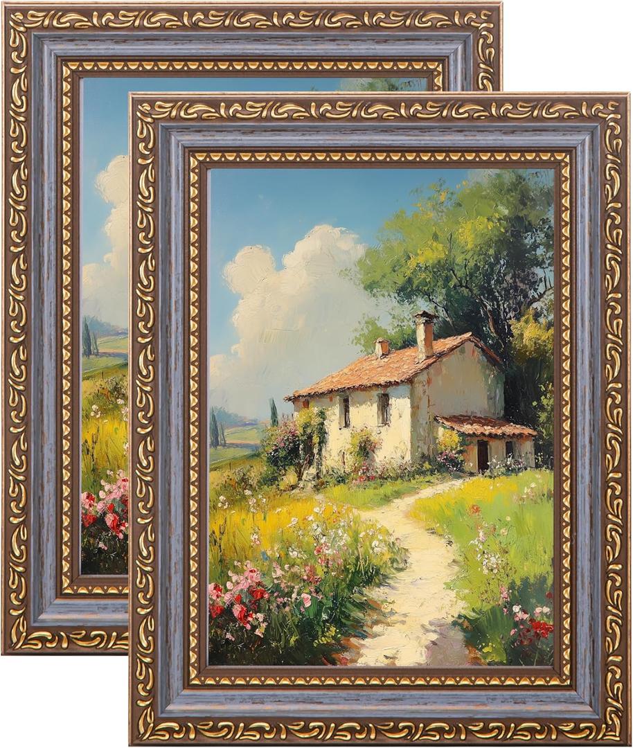 eletecpro 5x7 Picture Frames Set of 2, Vintage Frames with Glass Cover, Retro Photo Frame Displays 4x6 Photo with Mat or 5x7 without Mat for Tabletop or Wall Decor, Blue Gold