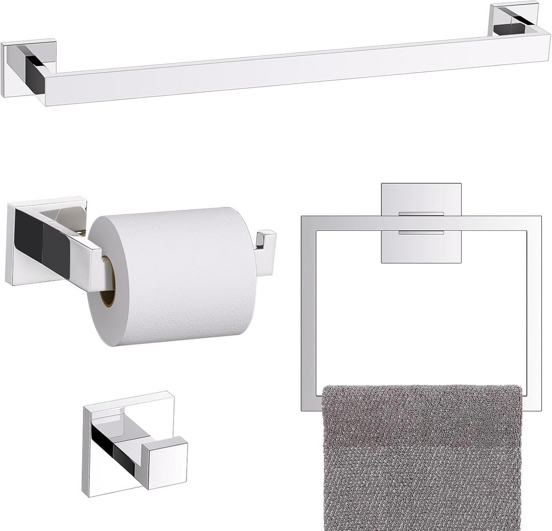 TURS 4-Piece Bathroom Hardware Set Chrome Towel Bar Set 23.6inch Bath Towel Holder Sets SUS 304 Stainless Steel Wall Mounted Towel Rack Sets for Bathroom.