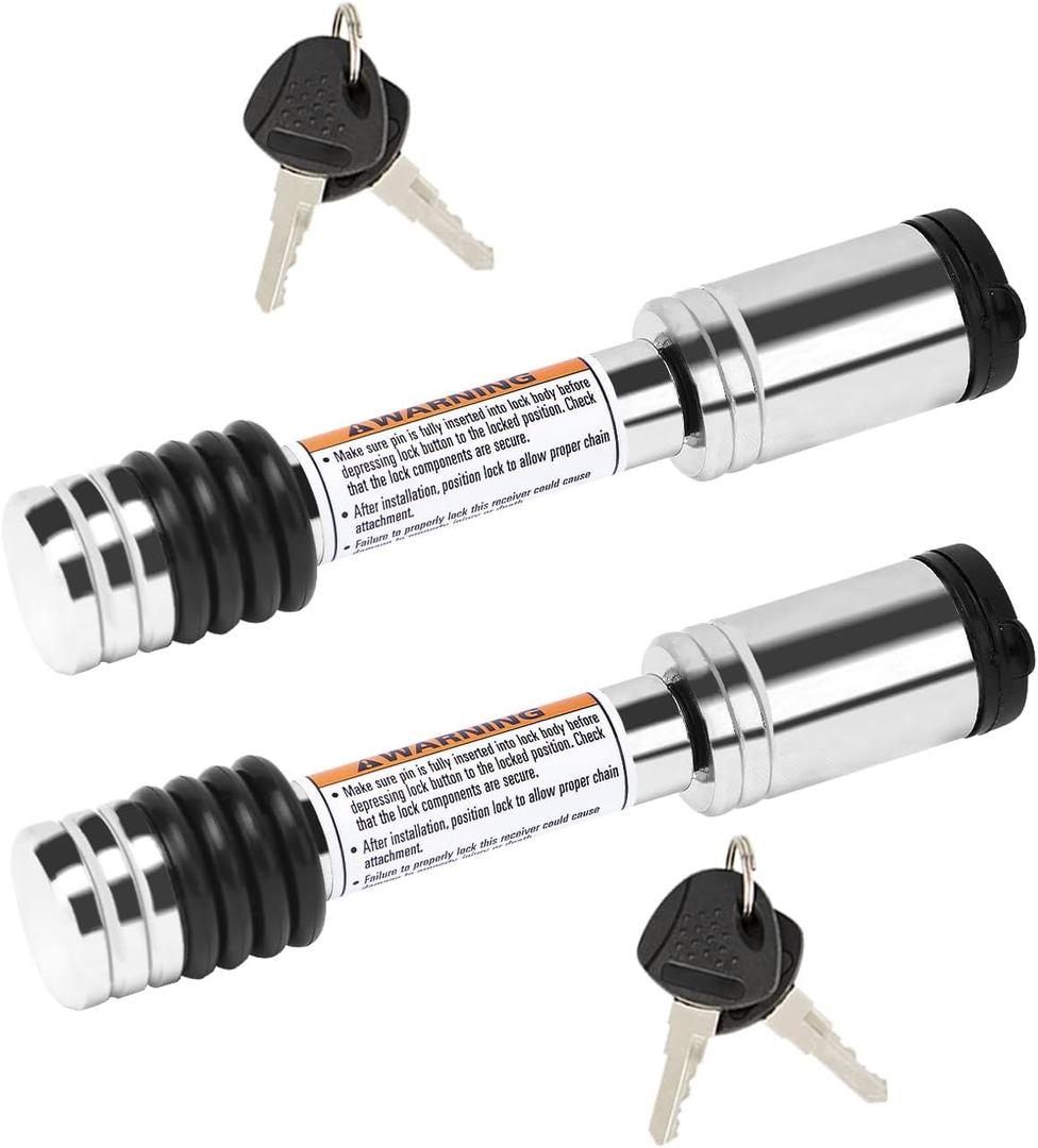 METOWARE Chrome Trailer Hitch Lock, 5/8" Dia Barbell-Style Locking Hitch Pin, Towing Hitch Receiver Lock with Anti-Rattle, Fits 2" Receiver Tubes, Class III & IV Hitch Receivers (2 Pack Keyed Alike)