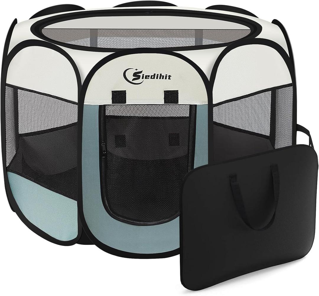 Siedihit Dog Playpen, Puppy Pet Playpen, Medium Dogs Tent Crates Cage Indoor/Outdoor, Portable Pop Up Dog Kennel Playpen with Carrying Case for Dogs/Cats/Rabbits, Removable Zipper Top, Grey