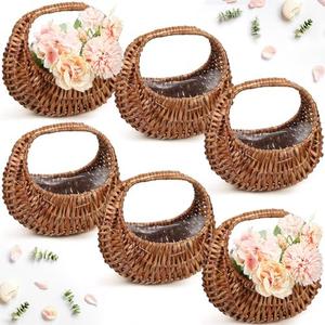 Hushee 6 Pcs Small Flower Girl Basket Small Wicker Basket with Handle and Waterproof Lining 6.7 x 6.5 x 4.3 Inch Rattan Tiny Easter Baskets for Wedding Flowers Sweets Gifts Picnic Storage Home Decor
